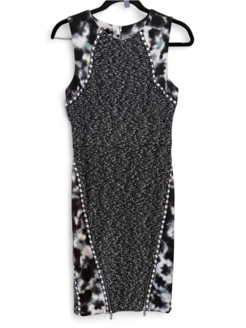 Rachel Glitter-Panel Midi Dress in Black & White Marble